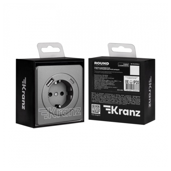 KR-78-0704-2 Розетка ROUND 1-ая с/з с/у з/ш 16А с USB A+C быстрой зарядки 5В/3А титан KRANZ