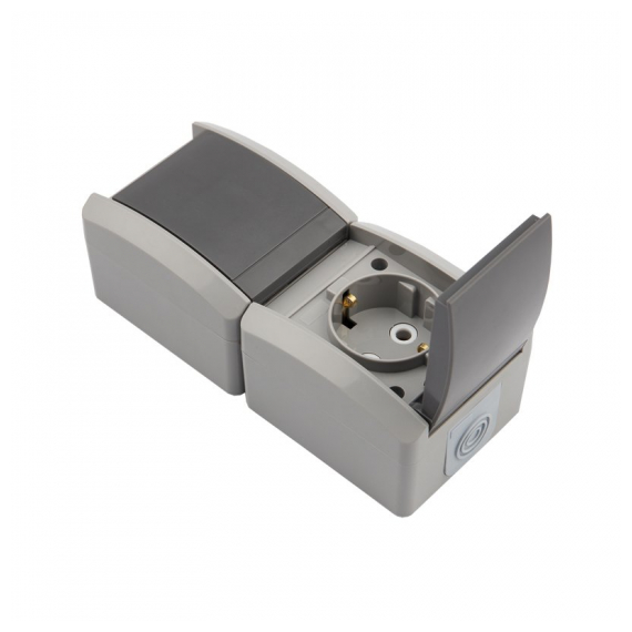KR-78-0615 Блок вертикальный 2 розетки INDUSTRIAL IP54 с/з, о/у, серый KRANZ