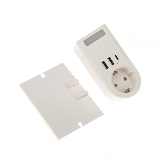 11-1270 Адаптер USB многофункциональный (2хUSB-A, USB-С, розетка 220-250В) с подсветкой и подставкой для телефона REXANT