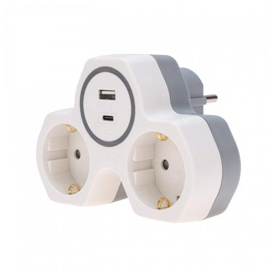 11-1253 Двойник электрический (разветвитель) 16А с/з + USB-A + USB-C с защитными шторками, белый REXANT