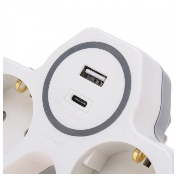 11-1253 Двойник электрический (разветвитель) 16А с/з + USB-A + USB-C с защитными шторками, белый REXANT