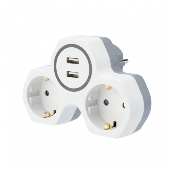 11-1089 Двойник электрический 16А с/з и защитными шторками + 2 USB порта, 2,4 А, белый REXANT