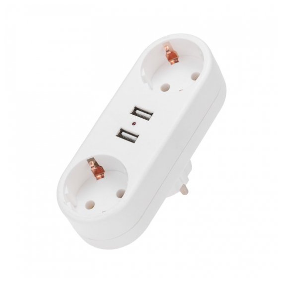 11-1090 Двойник электрический линейный 16А с/з + 2 USB-порта, 2,4 А, белый REXANT
