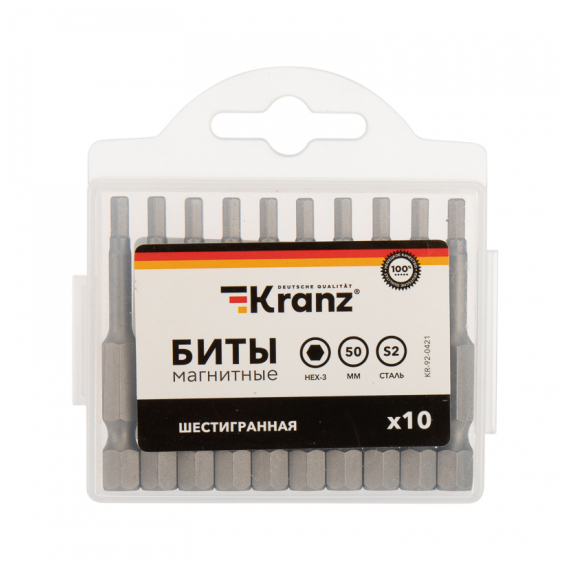 KR-92-0421 Бита шестигранная HEX-3х50 мм для шуруповерта (упак. 10 шт.) Kranz