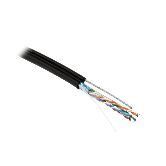 FUTP4-C5E-S24-SW-OUT-PE-BK-500 (FTP4-C5E-SOLID-SW-OUTDOOR-40-500) Кабель витая пара F/UTP, кат.5e, 4 пары(24 AWG), одножильн.(solid),экран-фольга, с металл.тросом,внешний, PE,-40°C-+50°C, черный Hyperline