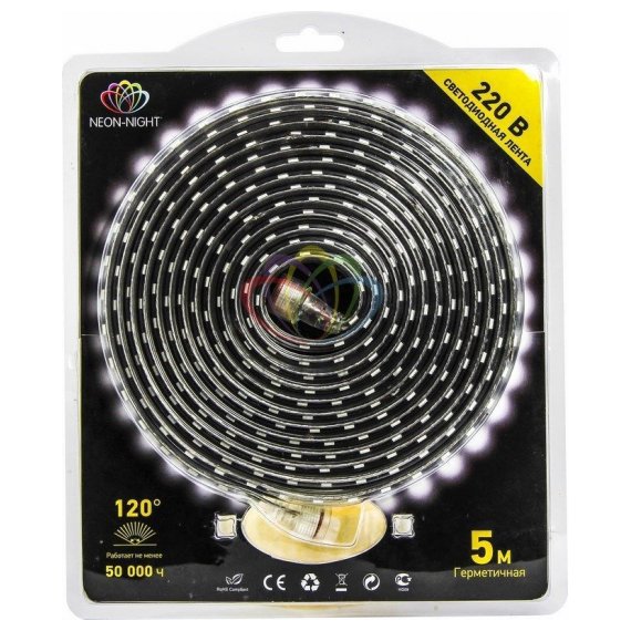 142-605-05 Светодиодная лента влагозащищенная 220В, 60 SMD3528/метр, цвет белый, блистер 5 метров Neon-Night