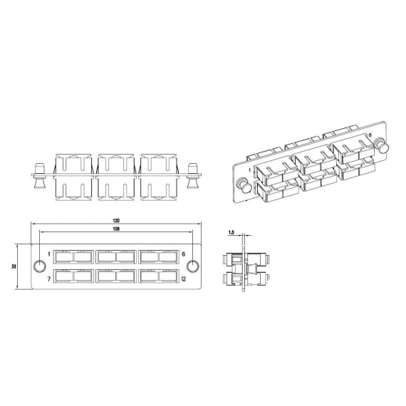 FO-FPM-W120H32-6DSC-BL Панель для FO-19BX с 6 SC (duplex) адаптерами, 12 волокон, одномод, 120x32 мм, адаптеры цвета синий (blue) Hyperline