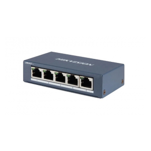 Hikvision DS-3E0505-E Коммутатор, 5 RJ45 1000M (8й-Uplink порт); таблица MAC адресов на 2000 записей; пропускная способность 16Гб/с; 5VDC, 1A; 0 °C...+40°C.