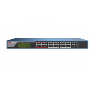 Hikvision DS-3E1326P-E Коммутатор, 24 RJ45 100M PoE с грозозащитой 4кВ, 1-8 порты с высоким приоритетом; 2 RJ45 1000M PoE; 2 1000М SFP порта