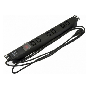 SHE19-6IEC-S-2.5IEC Блок розеток для 19" шкафов, горизонтальный, 6 розеток IEC320 C13, выключатель с подсветкой, кабель питания 2.5м (3х1.0мм2) с вилкой IEC320 C14 10A, 250В, 482.6x44.4x44.4мм (ДхШхВ), корпус сталь, черный Hyperline