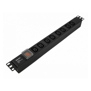 SHE19-8IEC-S-IEC Блок розеток для 19" шкафов, горизонтальный, 8 розеток IEC320 C13, выключатель с подсветкой, без кабеля питания, входной разъем IEC320 C14 10A, 250В, 482.6x44.4x44.4мм (ДхШхВ), корпус сталь, черный Hyperline